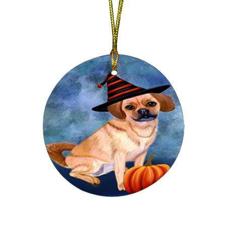 Happy Halloween Puggle Dog Wearing Witch Hat with Pumpkin Round Flat Christmas Ornament RFPOR54963