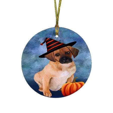 Happy Halloween Puggle Dog Wearing Witch Hat with Pumpkin Round Flat Christmas Ornament RFPOR54964