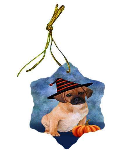 Happy Halloween Puggle Dog Wearing Witch Hat with Pumpkin Star Porcelain Ornament SPOR54964