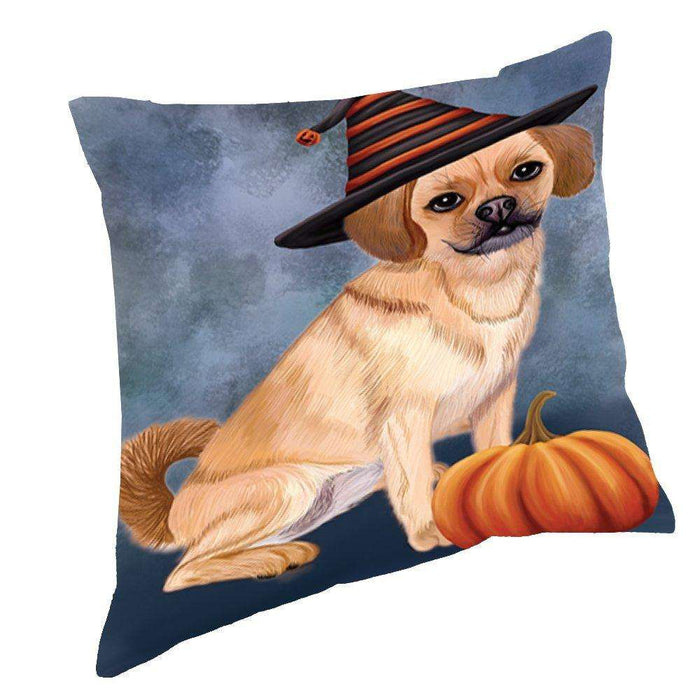 Happy Halloween Puggle Dog Wearing Witch Hat with Pumpkin Throw Pillow D121