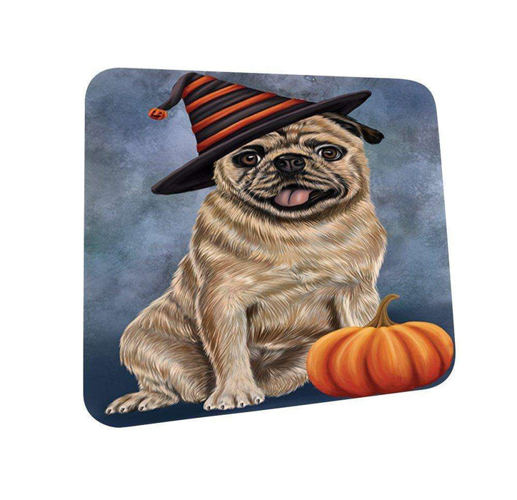 Happy Halloween Pugs Dog Wearing Witch Hat with Pumpkin Coasters Set of 4