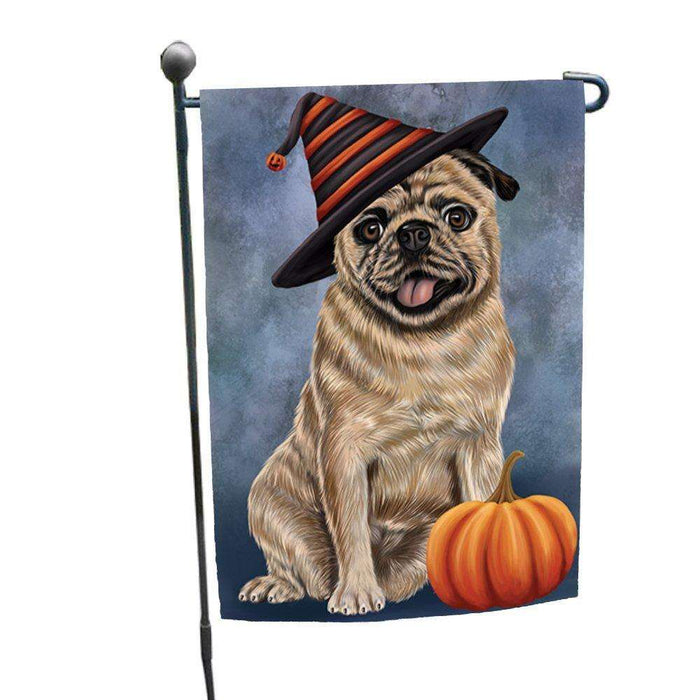 Happy Halloween Pugs Dog Wearing Witch Hat with Pumpkin Garden Flag