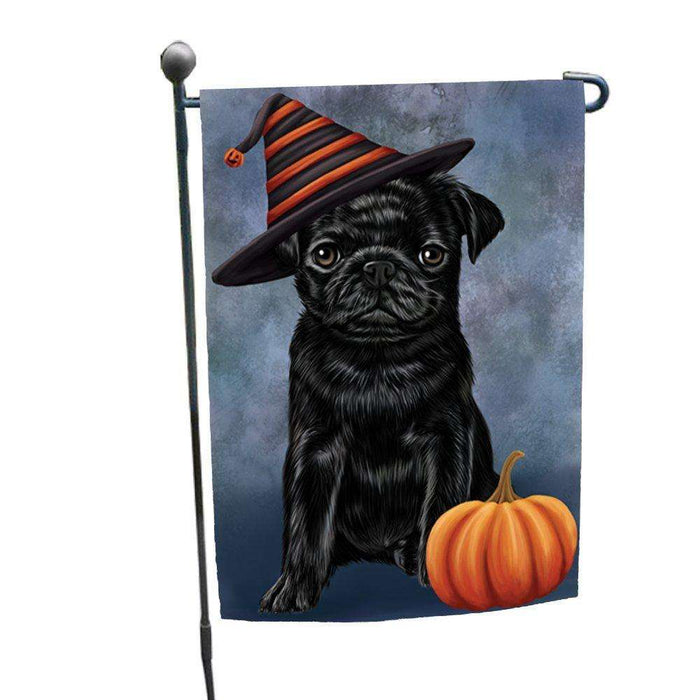 Happy Halloween Pugs Dog Wearing Witch Hat with Pumpkin Garden Flag
