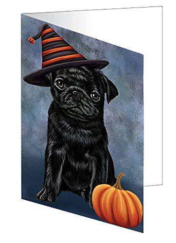 Happy Halloween Pugs Dog Wearing Witch Hat with Pumpkin Handmade Artwork Assorted Pets Greeting Cards and Note Cards with Envelopes for All Occasions and Holiday Seasons