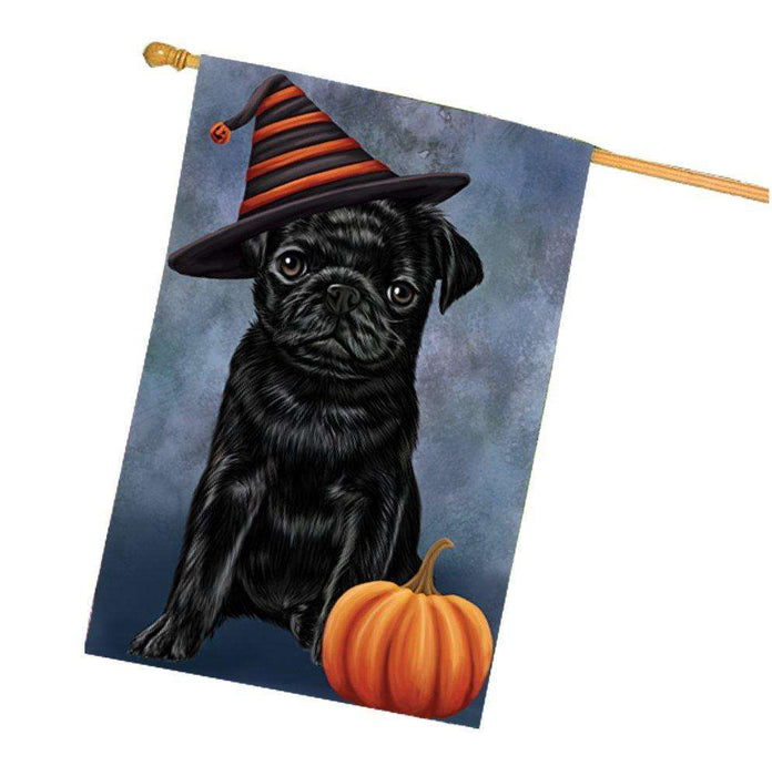 Happy Halloween Pugs Dog Wearing Witch Hat with Pumpkin House Flag