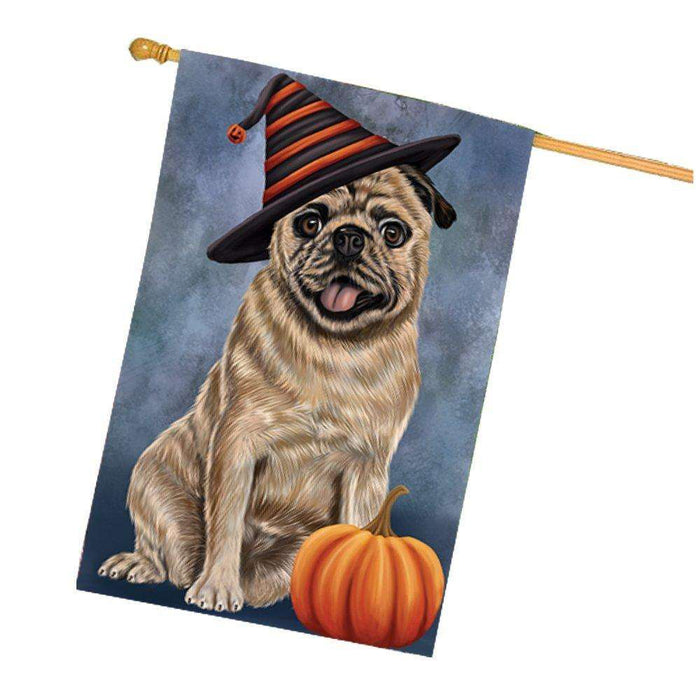 Happy Halloween Pugs Dog Wearing Witch Hat with Pumpkin House Flag