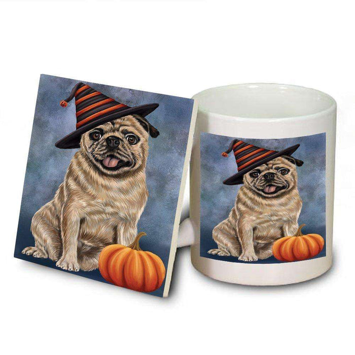 Happy Halloween Pugs Dog Wearing Witch Hat with Pumpkin Mug and Coaster Set