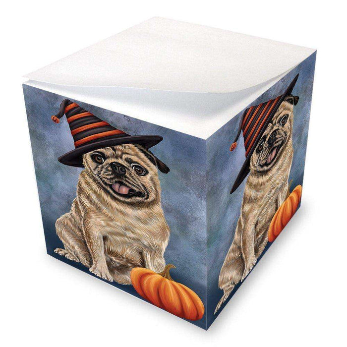 Happy Halloween Pugs Dog Wearing Witch Hat with Pumpkin Note Cube