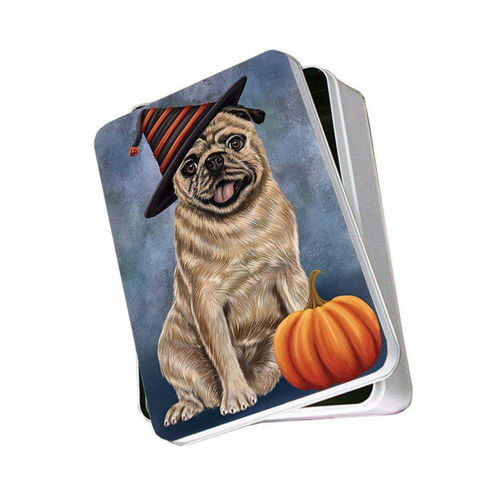 Happy Halloween Pugs Dog Wearing Witch Hat with Pumpkin Photo Storage Tin