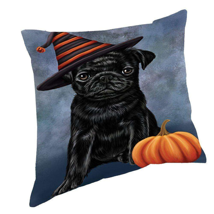 Happy Halloween Pugs Dog Wearing Witch Hat with Pumpkin Throw Pillow