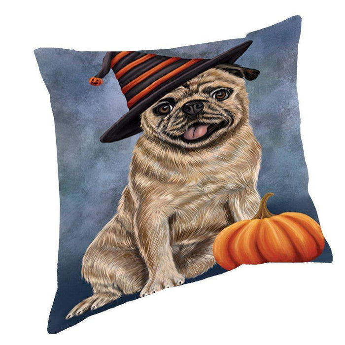 Happy Halloween Pugs Dog Wearing Witch Hat with Pumpkin Throw Pillow