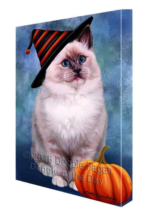 Happy Halloween Ragdoll Cat Wearing Witch Hat with Pumpkin Canvas Print Wall Art Décor CVS111896