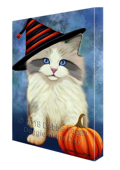 Happy Halloween Ragdoll Cat Wearing Witch Hat with Pumpkin Canvas Print Wall Art Décor CVS111923