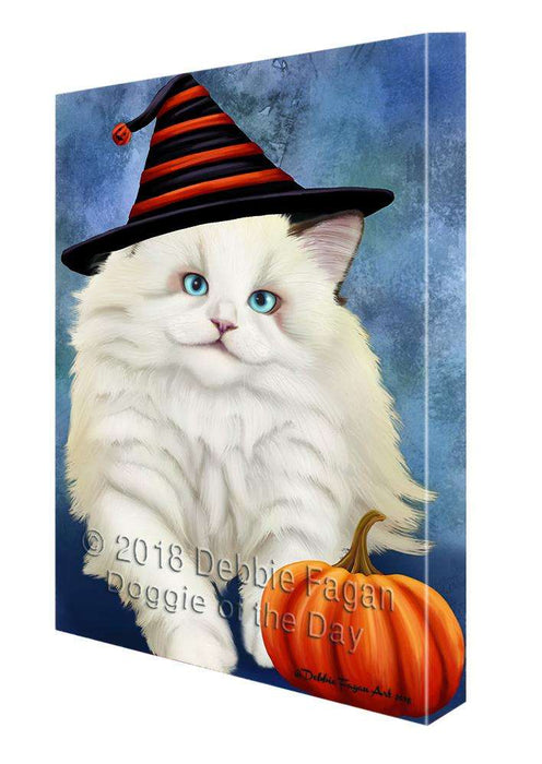 Happy Halloween Ragdoll Cat Wearing Witch Hat with Pumpkin Canvas Print Wall Art Décor CVS111932