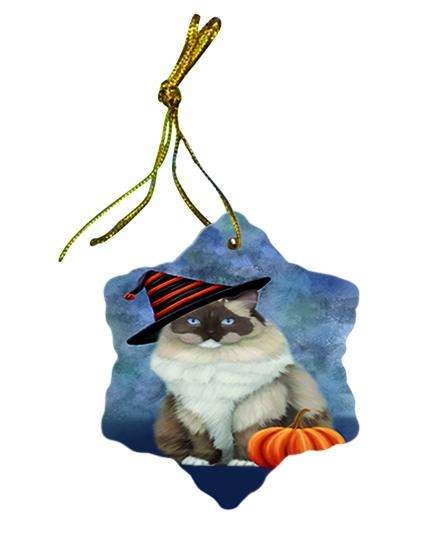 Happy Halloween Ragdoll Cat Wearing Witch Hat with Pumpkin Ceramic Doily Ornament DPOR54896