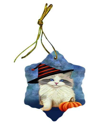 Happy Halloween Ragdoll Cat Wearing Witch Hat with Pumpkin Ceramic Doily Ornament DPOR54897