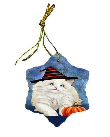 Happy Halloween Ragdoll Cat Wearing Witch Hat with Pumpkin Ceramic Doily Ornament DPOR54898