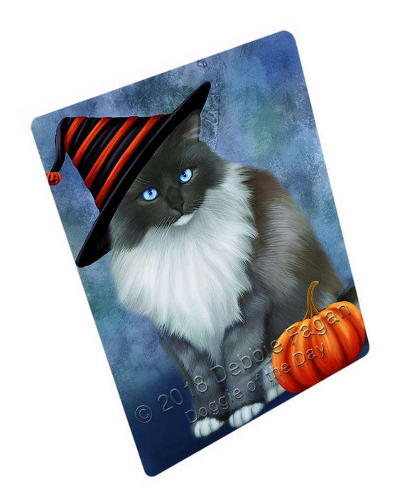 Happy Halloween Ragdoll Cat Wearing Witch Hat with Pumpkin Cutting Board C69129