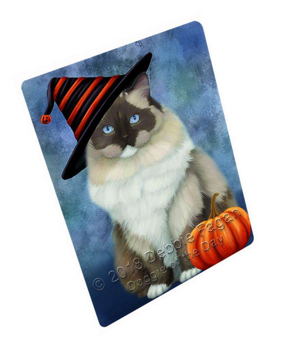 Happy Halloween Ragdoll Cat Wearing Witch Hat with Pumpkin Cutting Board C69132