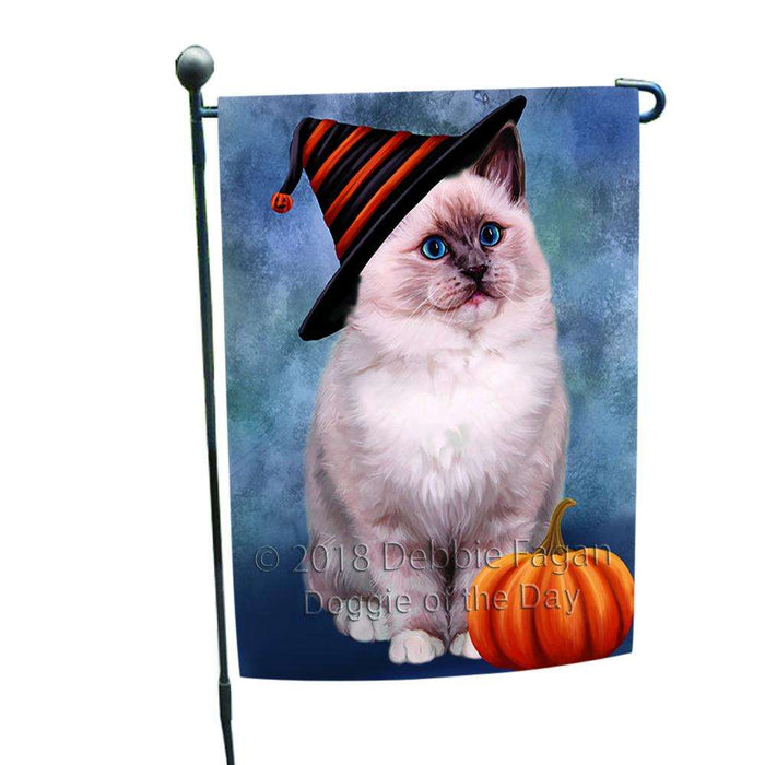 Happy Halloween Ragdoll Cat Wearing Witch Hat with Pumpkin Garden Flag GFLG54956