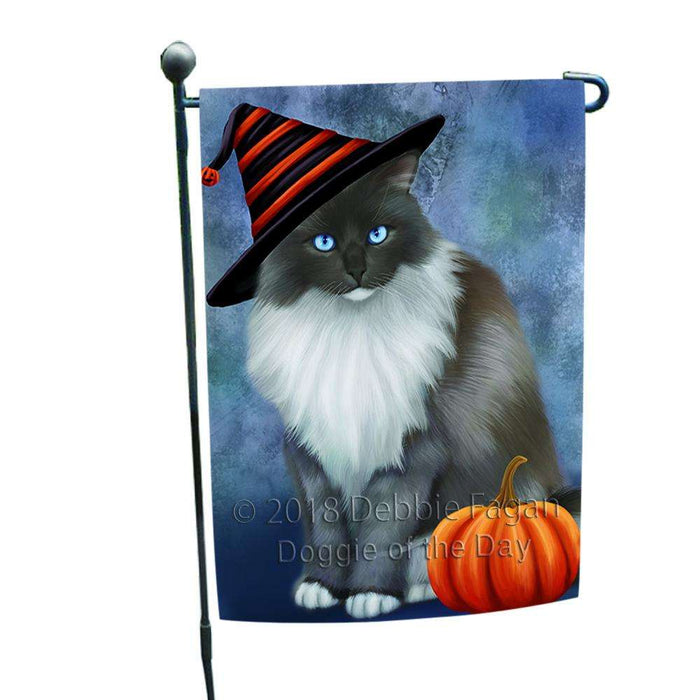 Happy Halloween Ragdoll Cat Wearing Witch Hat with Pumpkin Garden Flag GFLG54957