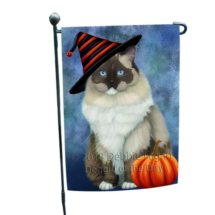Happy Halloween Ragdoll Cat Wearing Witch Hat with Pumpkin Garden Flag GFLG54958