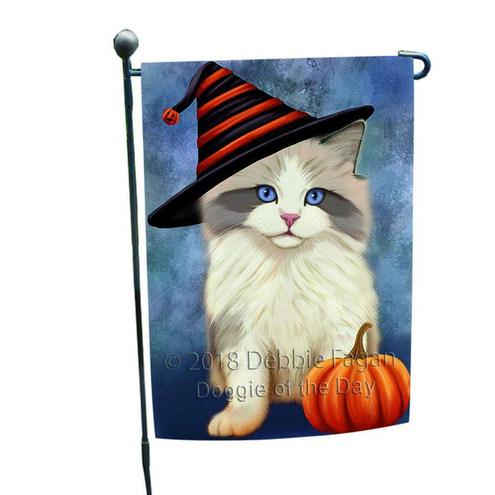 Happy Halloween Ragdoll Cat Wearing Witch Hat with Pumpkin Garden Flag GFLG54959