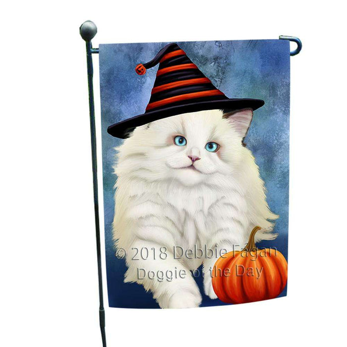 Happy Halloween Ragdoll Cat Wearing Witch Hat with Pumpkin Garden Flag GFLG54960