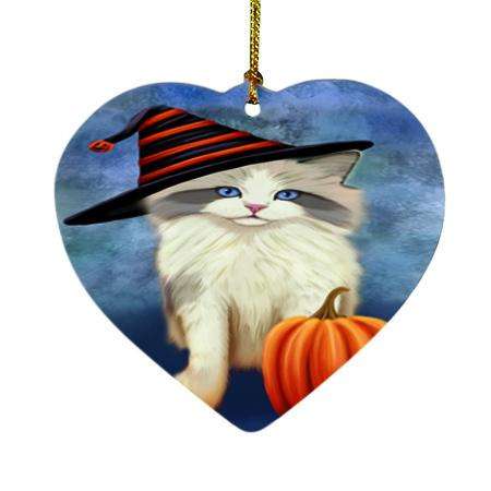 Happy Halloween Ragdoll Cat Wearing Witch Hat with Pumpkin Heart Christmas Ornament HPOR54897