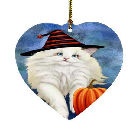 Happy Halloween Ragdoll Cat Wearing Witch Hat with Pumpkin Heart Christmas Ornament HPOR54898