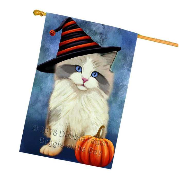 Happy Halloween Ragdoll Cat Wearing Witch Hat with Pumpkin House Flag FLG55095