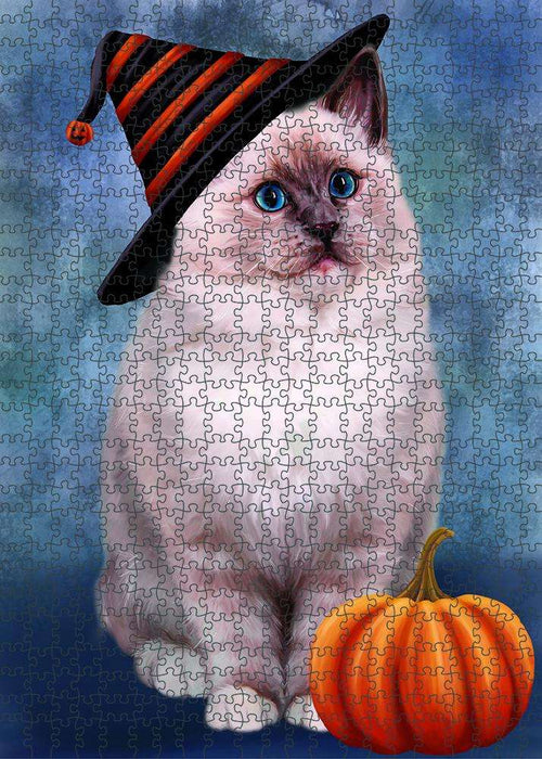 Happy Halloween Ragdoll Cat Wearing Witch Hat with Pumpkin Puzzle with Photo Tin PUZL86732