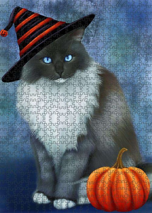Happy Halloween Ragdoll Cat Wearing Witch Hat with Pumpkin Puzzle with Photo Tin PUZL86736