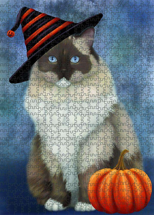 Happy Halloween Ragdoll Cat Wearing Witch Hat with Pumpkin Puzzle with Photo Tin PUZL86740