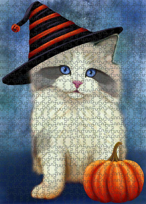 Happy Halloween Ragdoll Cat Wearing Witch Hat with Pumpkin Puzzle with Photo Tin PUZL86744