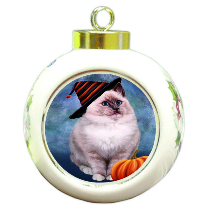 Happy Halloween Ragdoll Cat Wearing Witch Hat with Pumpkin Round Ball Christmas Ornament RBPOR54894