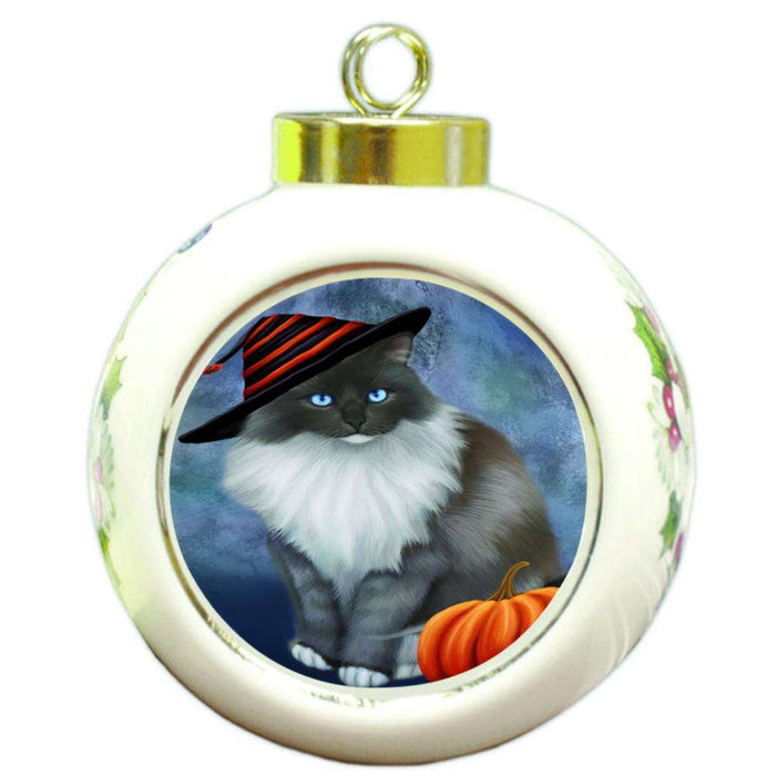 Happy Halloween Ragdoll Cat Wearing Witch Hat with Pumpkin Round Ball Christmas Ornament RBPOR54895