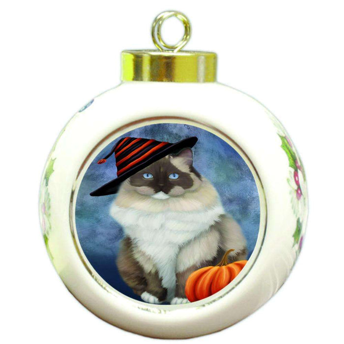 Happy Halloween Ragdoll Cat Wearing Witch Hat with Pumpkin Round Ball Christmas Ornament RBPOR54896
