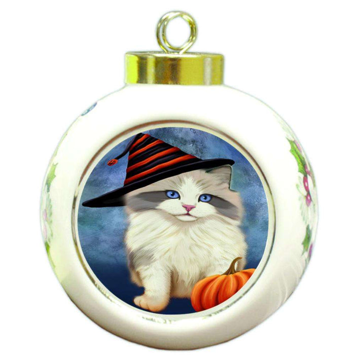 Happy Halloween Ragdoll Cat Wearing Witch Hat with Pumpkin Round Ball Christmas Ornament RBPOR54897