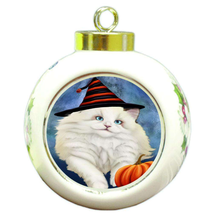 Happy Halloween Ragdoll Cat Wearing Witch Hat with Pumpkin Round Ball Christmas Ornament RBPOR54898