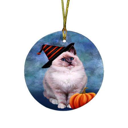 Happy Halloween Ragdoll Cat Wearing Witch Hat with Pumpkin Round Flat Christmas Ornament RFPOR54885