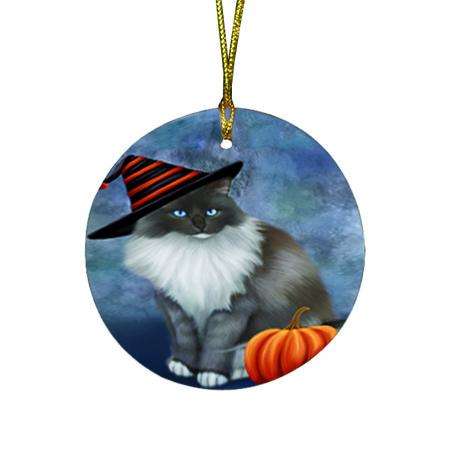 Happy Halloween Ragdoll Cat Wearing Witch Hat with Pumpkin Round Flat Christmas Ornament RFPOR54886