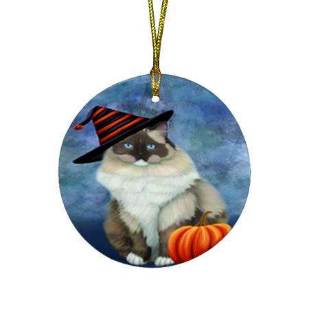 Happy Halloween Ragdoll Cat Wearing Witch Hat with Pumpkin Round Flat Christmas Ornament RFPOR54887