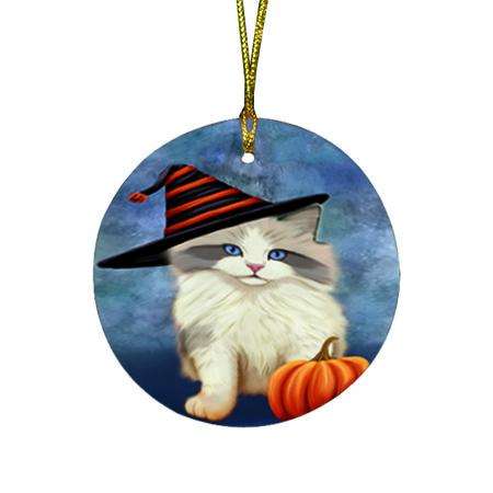 Happy Halloween Ragdoll Cat Wearing Witch Hat with Pumpkin Round Flat Christmas Ornament RFPOR54888