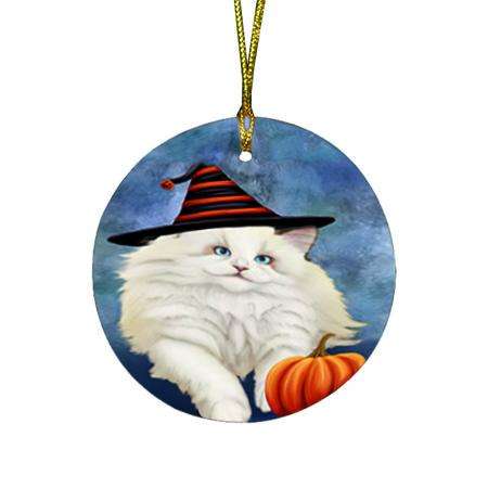 Happy Halloween Ragdoll Cat Wearing Witch Hat with Pumpkin Round Flat Christmas Ornament RFPOR54889