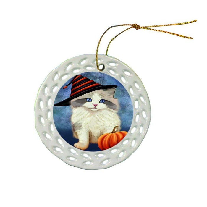 Happy Halloween Ragdoll Cat Wearing Witch Hat with Pumpkin Star Porcelain Ornament SPOR54888