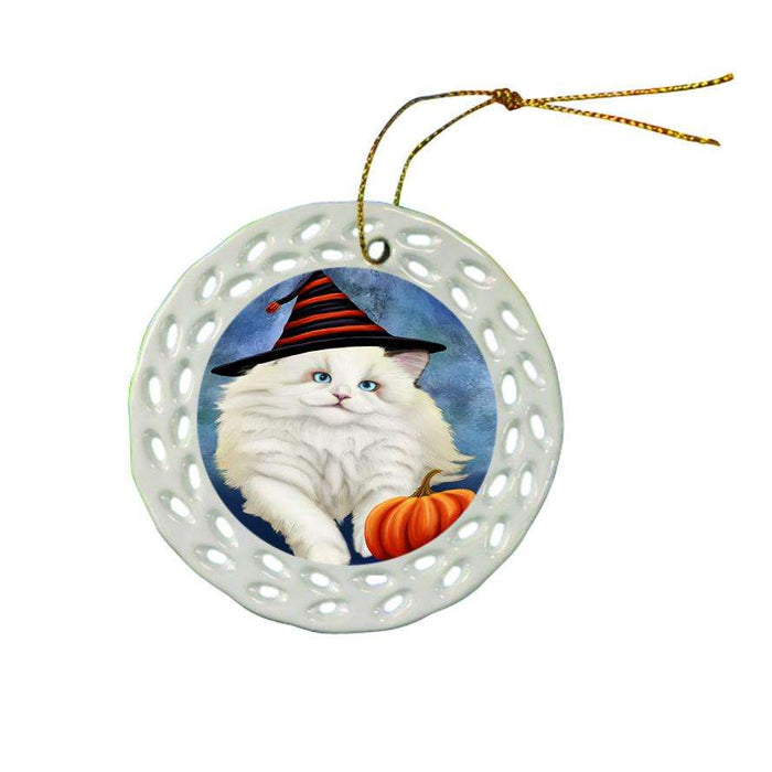Happy Halloween Ragdoll Cat Wearing Witch Hat with Pumpkin Star Porcelain Ornament SPOR54889
