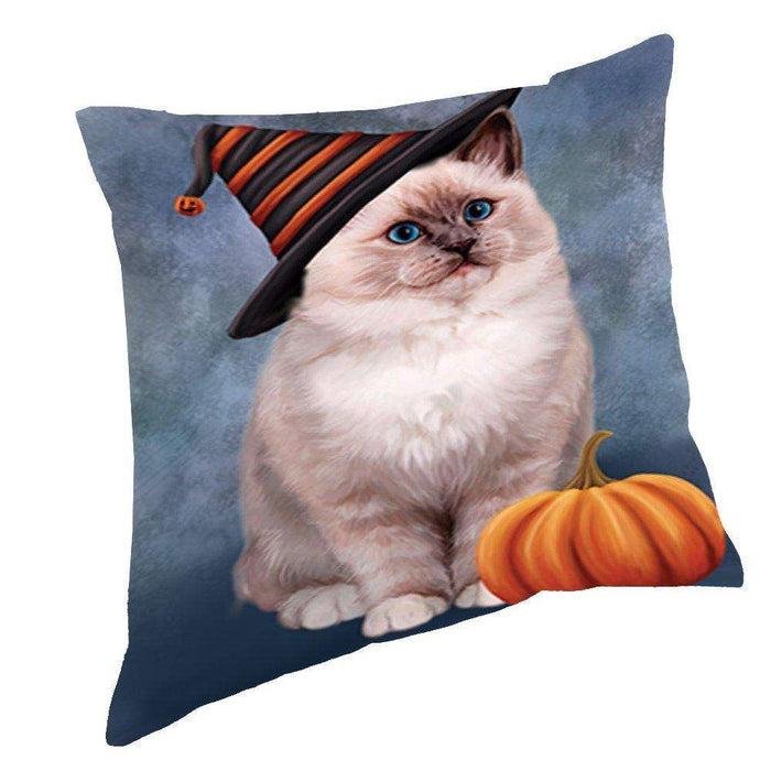 Happy Halloween Ragdoll Cat Wearing Witch Hat with Pumpkin Throw Pillow D125