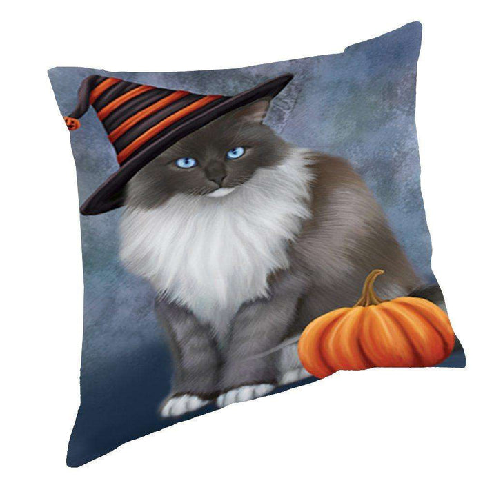 Happy Halloween Ragdoll Cat Wearing Witch Hat with Pumpkin Throw Pillow D127