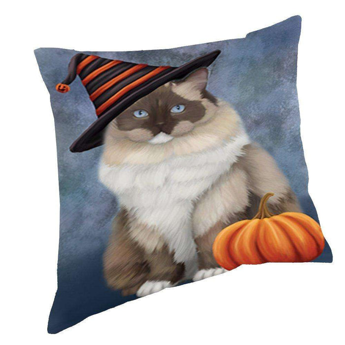 Happy Halloween Ragdoll Cat Wearing Witch Hat with Pumpkin Throw Pillow D129